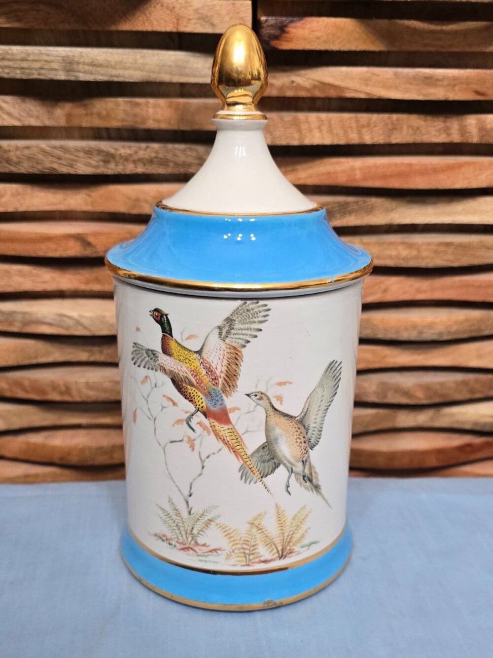 Vintage Gilded Porcelain Jar with Lid Pheasant Design, Made in Portugal tiny nic